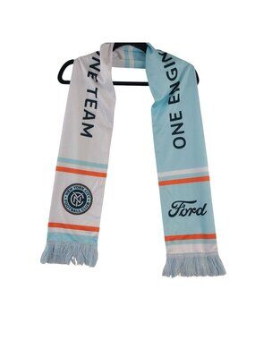 NEW NYCFC One Team Soccer Scarf With Ford Logo Blue & White Stripes Fringe Ends